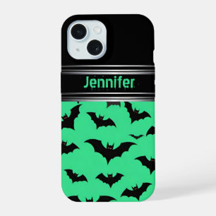 緑飛んでいるのこうもり:ハロウィン不気味ビベス iPhone 15ケース