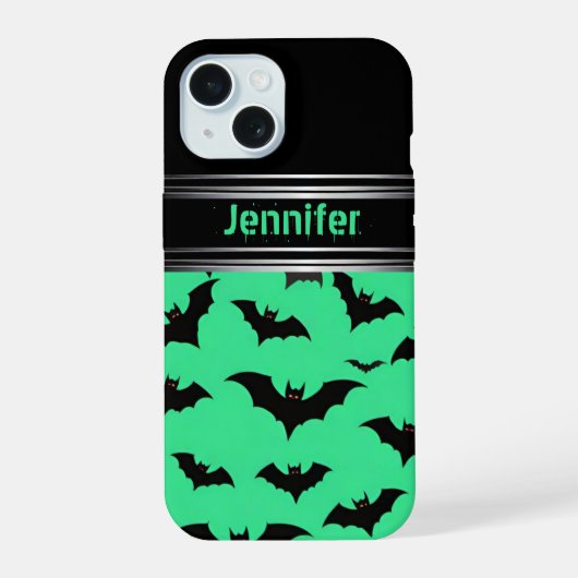 緑飛んでいるのこうもり:ハロウィン不気味ビベス iPhone 15ケース (裏面)