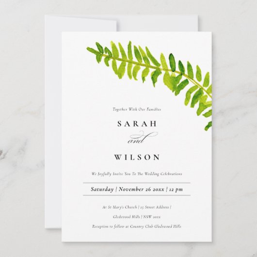 緑鮮やかの水色のシダの結婚葉 招待状 (正面)