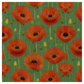 緑鮮やかの背景に赤いケシの模様 ファブリック (クローズアップ)
