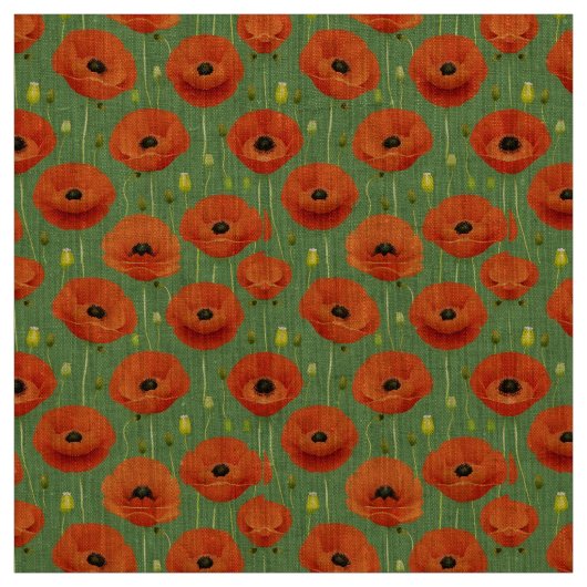 緑鮮やかの背景に赤いケシの模様 ファブリック (見本)