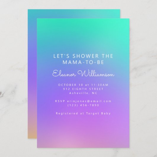 緑鮮やか紫抽象芸術グラデーションベビースシャワー 招待状 (正面/裏面)