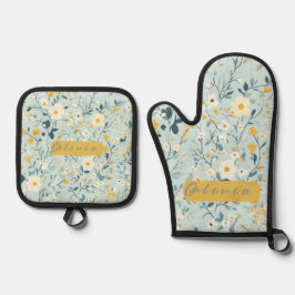 緑鮮やか色青白 鍋つかみ&鍋敷きセット