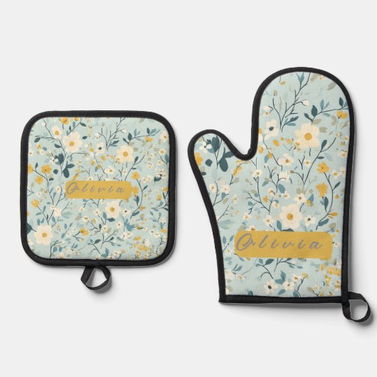 緑鮮やか色青白 鍋つかみ&鍋敷きセット (正面)