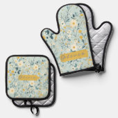 緑鮮やか色青白 鍋つかみ&鍋敷きセット (正面/裏面)