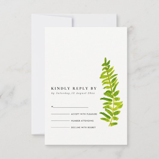 緑鮮やか金ゴールド水色シダ葉RSVP 出欠カード (正面)