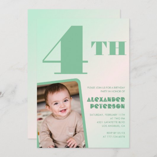 緑4歳の誕生日招待状カラフル写真 招待状 (正面/裏面)