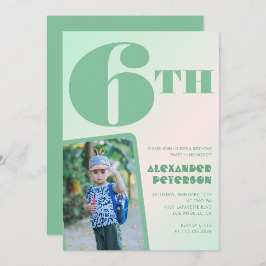 緑6歳の誕生日招待状カラフル写真 招待状 (正面/裏面)