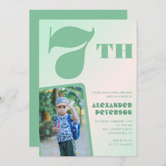 緑7歳の誕生日招待状カラフル写真 招待状 (正面/裏面)