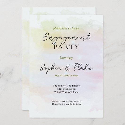 緑/オレンジ抽象芸術水彩婚約パーティ 招待状 (正面/裏面)