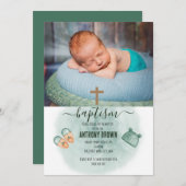緑&オレンジ水色ベビーバプテスマ 招待状 (正面/裏面)