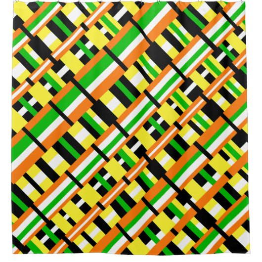 緑、オレンジ、黄色の対角線の格子状のモダン格子模様 シャワーカーテン (正面)