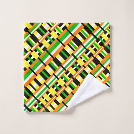 緑、オレンジ、黄色の対角線の格子状のモダン格子模様 バスタオルセット (ウォッシュタオル)