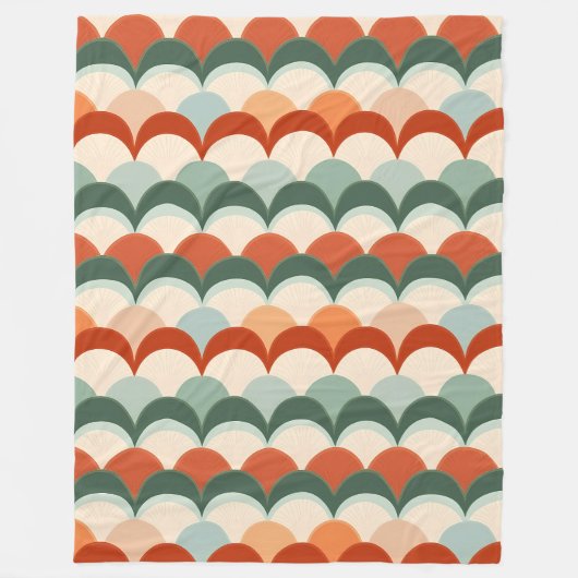 緑、クリーム、オレンジの鱗片状パターン フリースブランケット (正面)