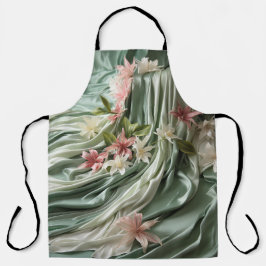 緑、クリーム、シルクのドレープ&ピンクの花 エプロン