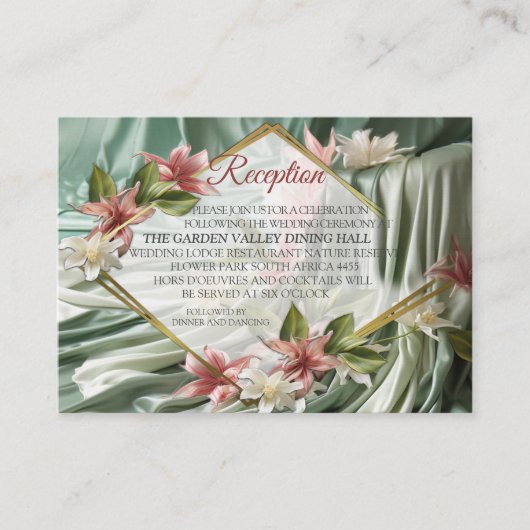 緑、クリーム、シルクのドレープ&ピンクの花 エンクロージャーカード (正面)