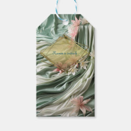 緑、クリーム、シルクのドレープ&ピンクの花 ギフトタグ