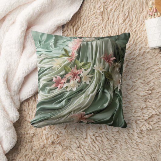 緑、クリーム、シルクのドレープ&ピンクの花 クッション (ブランケット)