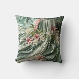 緑、クリーム、シルクのドレープ&ピンクの花 クッション