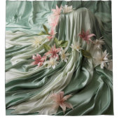 緑、クリーム、シルクのドレープ&ピンクの花 シャワーカーテン (正面)