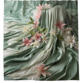 緑、クリーム、シルクのドレープ&ピンクの花 シャワーカーテン