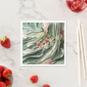 緑、クリーム、シルクのドレープ&ピンクの花 スタンダードカクテルナプキン (インサイチュ)