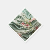 緑、クリーム、シルクのドレープ&ピンクの花 スタンダードカクテルナプキン (角)