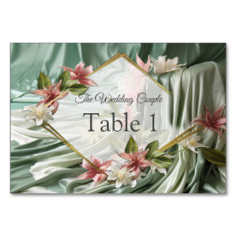 緑、クリーム、シルクのドレープ&ピンクの花 テーブルナンバー