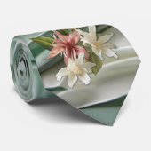 緑、クリーム、シルクのドレープ&ピンクの花 ネクタイ (ロール)