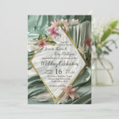 緑、クリーム、シルクのドレープ&ピンクの花 招待状 (スタンド正面)