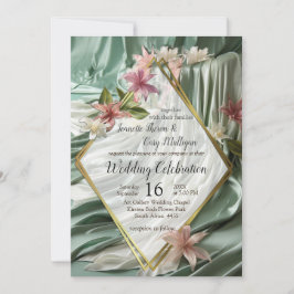 緑、クリーム、シルクのドレープ&ピンクの花 招待状