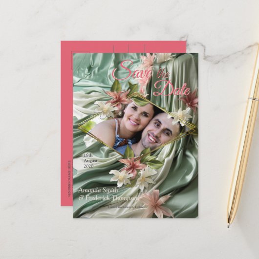 緑、クリーム、シルクのドレープ&ピンクの花 案内ポストカード (正面/裏面インサイチュ)