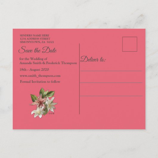 緑、クリーム、シルクのドレープ&ピンクの花 案内ポストカード (裏面)