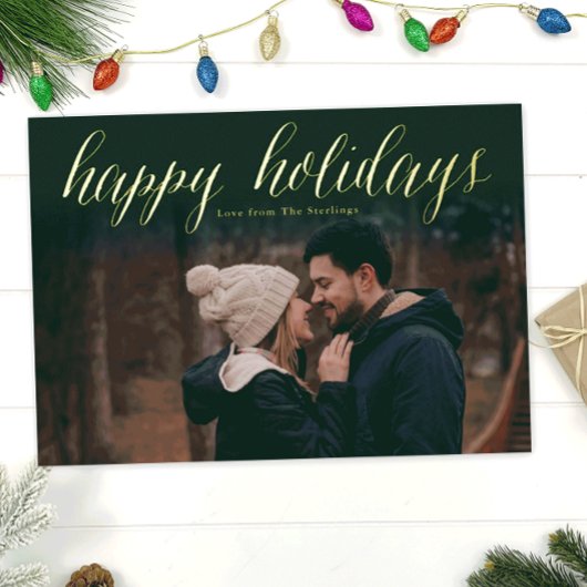 緑+ゴールドフォイルのハッピーホリデーズフォトカード 箔シーズンカード