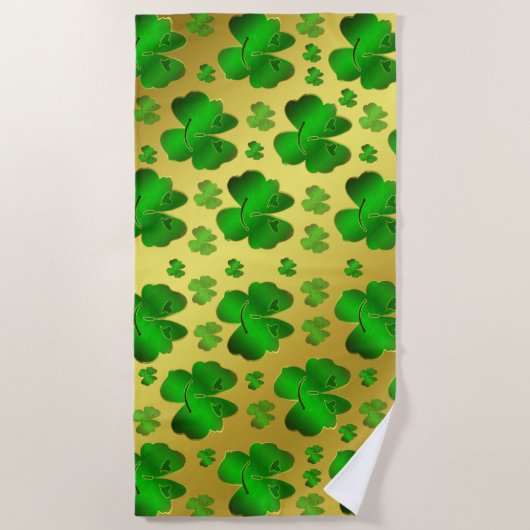 緑，シャムロック，金ゴールド，光沢，文字，サンタペトリック ビーチタオル (正面)