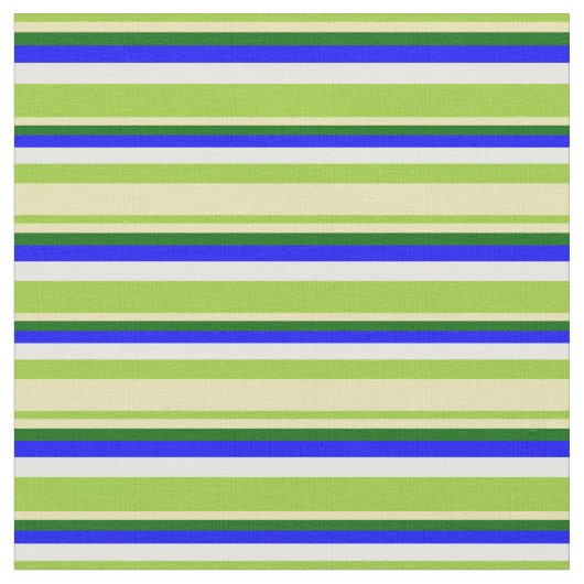 緑、タン、濃い緑、青と白の線 ファブリック (クローズアップ)