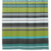 緑、ターコイズ、グレーストライプの シャワーカーテン (正面)