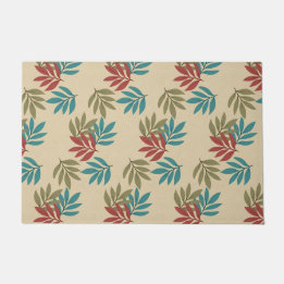 緑、ティール（緑がかった色）、赤のリーフレット ドアマット