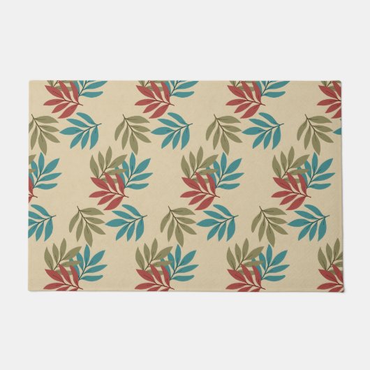 緑、ティール（緑がかった色）、赤のリーフレット ドアマット (正面)