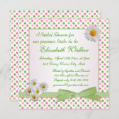 緑、ピンクの水玉模様、白いデイジーのブライダルシャワー 招待状 (正面/裏面)