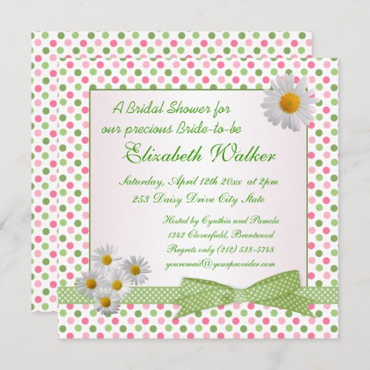 緑、ピンクの水玉模様、白いデイジーのブライダルシャワー 招待状 (正面/裏面)