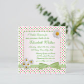 緑、ピンクの水玉模様、白いデイジーのブライダルシャワー 招待状 (スタンド正面)