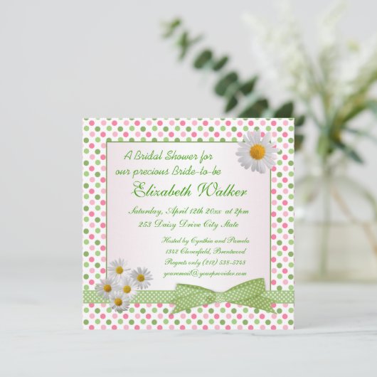 緑、ピンクの水玉模様、白いデイジーのブライダルシャワー 招待状 (スタンド正面)