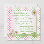緑、ピンクの水玉模様、白いデイジーのブライダルシャワー 招待状 (正面)