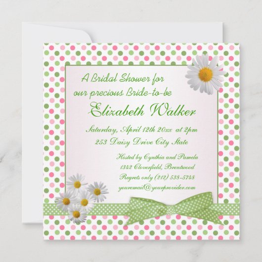 緑、ピンクの水玉模様、白いデイジーのブライダルシャワー 招待状 (正面)