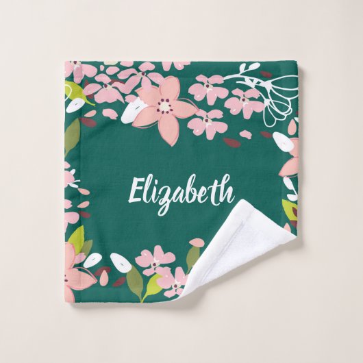緑(ピンクの花パーソナライズされた) ウォッシュタオル (ウォッシュタオル)