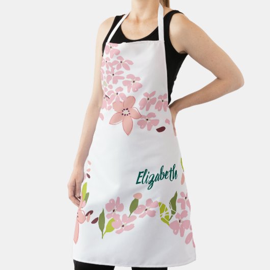 緑(ピンクの花パーソナライズされた) エプロン (インサイチュ)