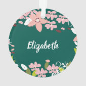 緑(ピンクの花パーソナライズされた) オーナメント (裏面)