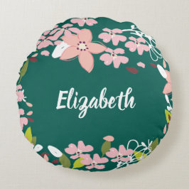 緑(ピンクの花パーソナライズされた) ラウンドクッション