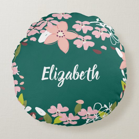 緑(ピンクの花パーソナライズされた) ラウンドクッション (正面)